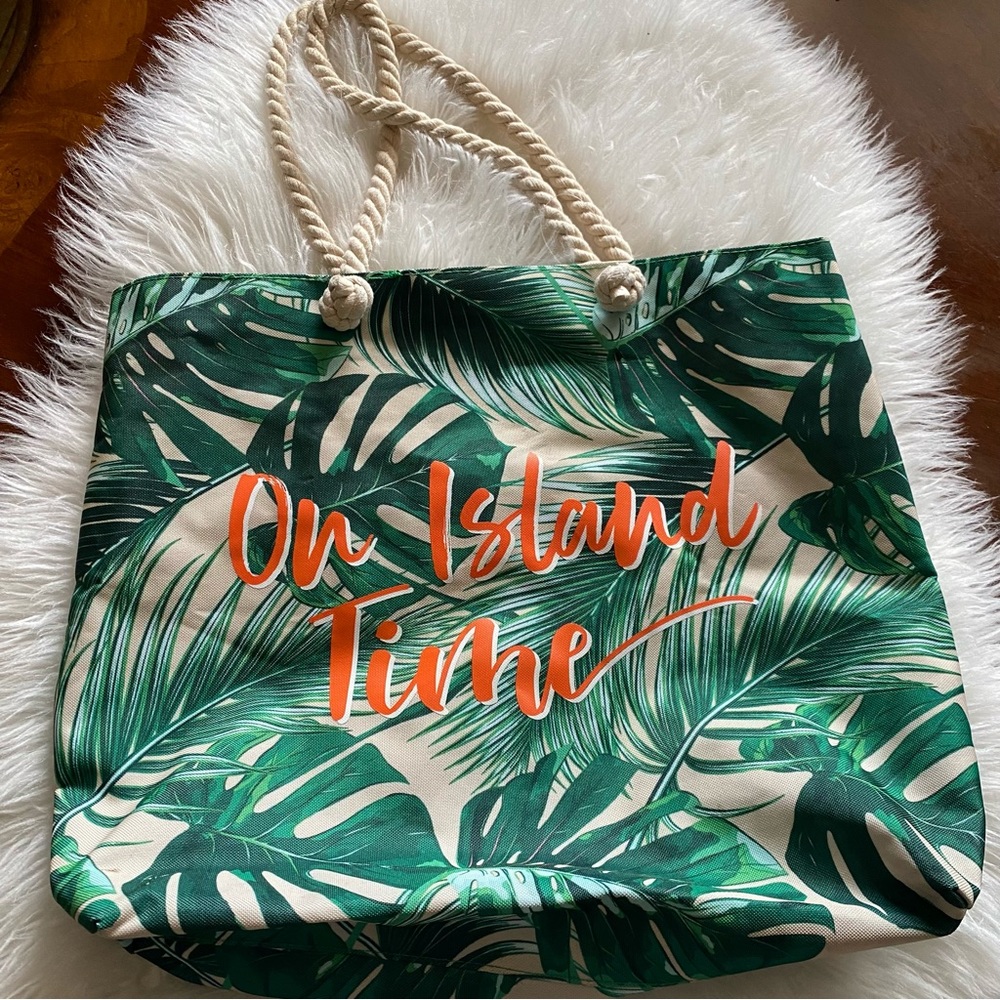Palm Leaves Printed “On Summer Time” Tote w/Rope Handles